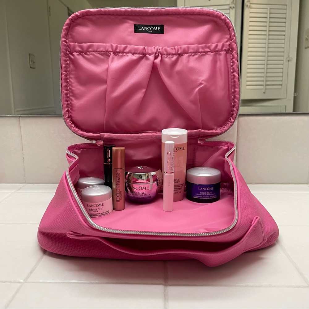 Lancôme Pink Travel Cosmetic Bag with Skincare & Lip Products